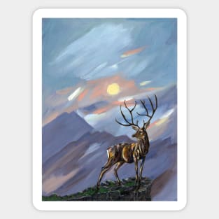 Stag on the mountain by moonlight - Abstract painting. Sticker